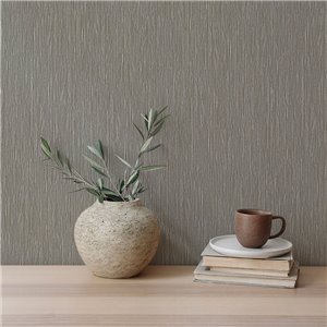 Papel pintado vinílico de rafia color grafito claro y oro 2