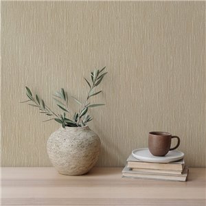 Papel pintado vinílico de rafia relieve en beige y dorado 2