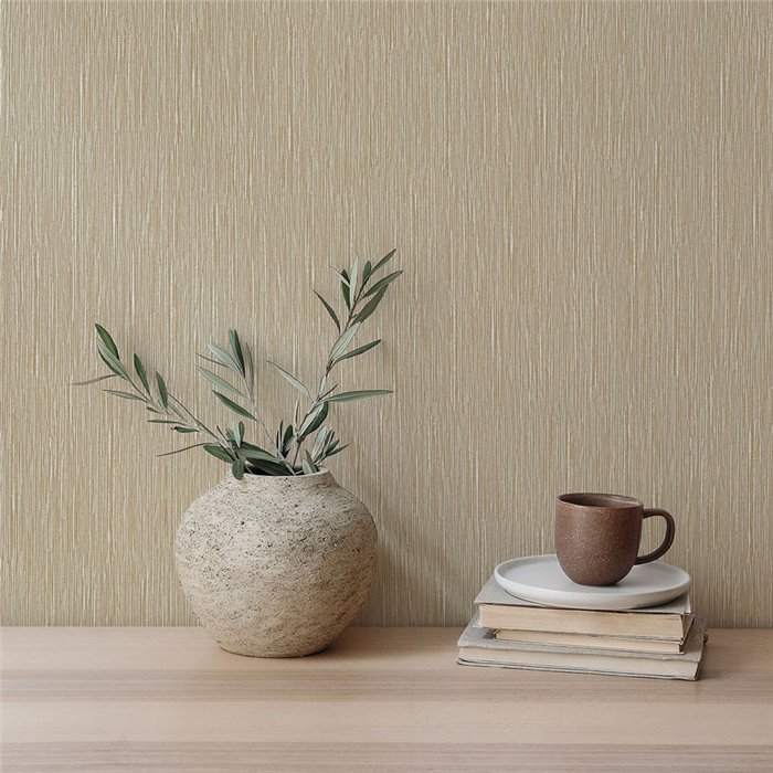 Vinyl raffia wallpaper embossed in beige and gold · Hera Eternity 212-7
