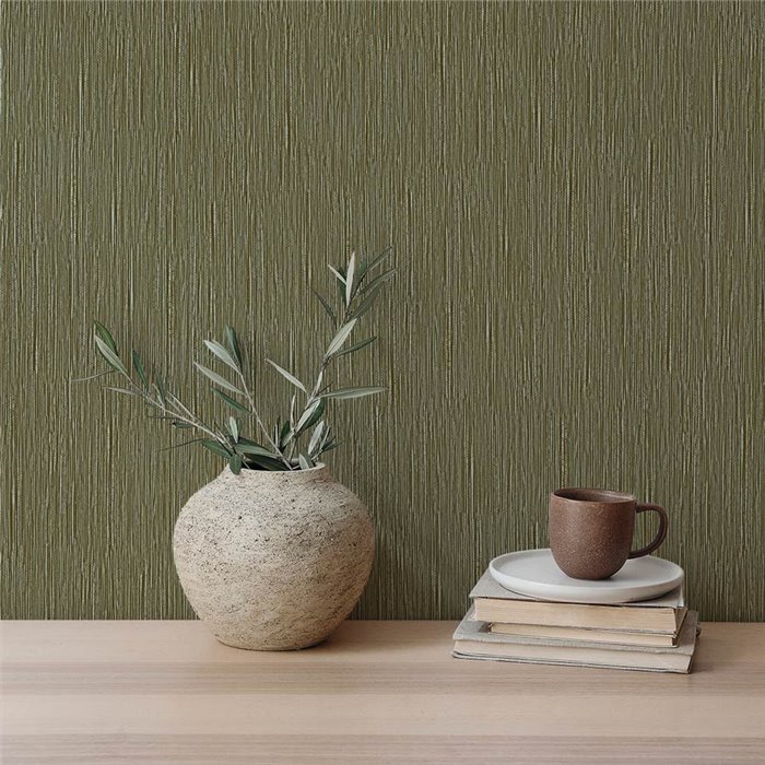 Papel pintado vinílico de rafia efecto verde oliva y dorado · Hera Eternity 212-15