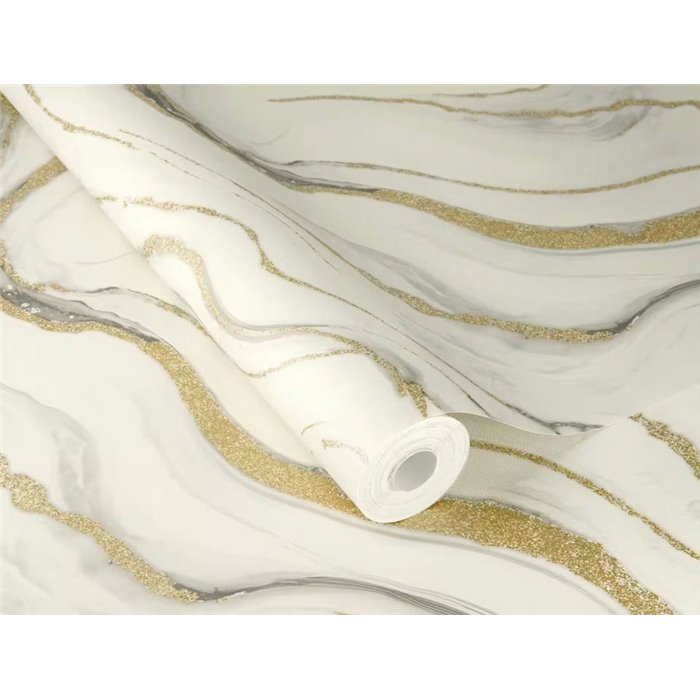 Papel pintado mármol blanco ondas doradas · Rasch Factory VI 497618
