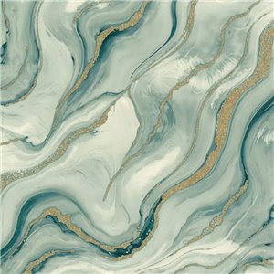 Papel pintado mármol con ondas verdes y doradas