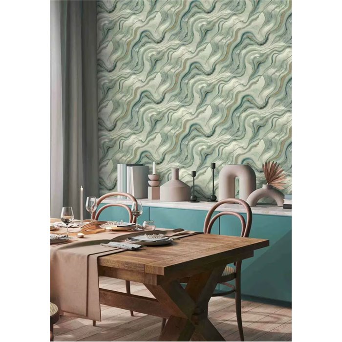 Papel pintado mármol con ondas verdes y doradas · Rasch Factory VI 497632