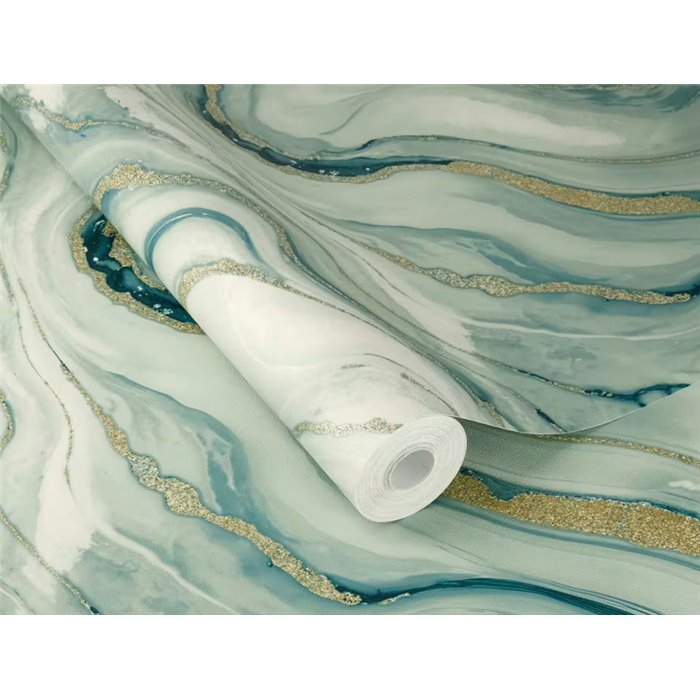 Papel pintado mármol con ondas verdes y doradas · Rasch Factory VI 497632