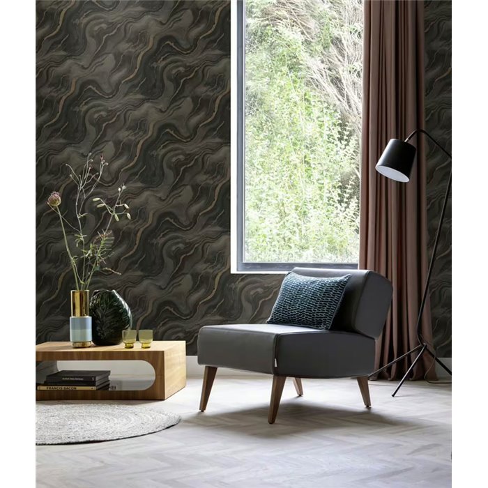 Dark Grey Liquid Marble Wallpaper with Gold Glitter · Rasch Factory VI 497663