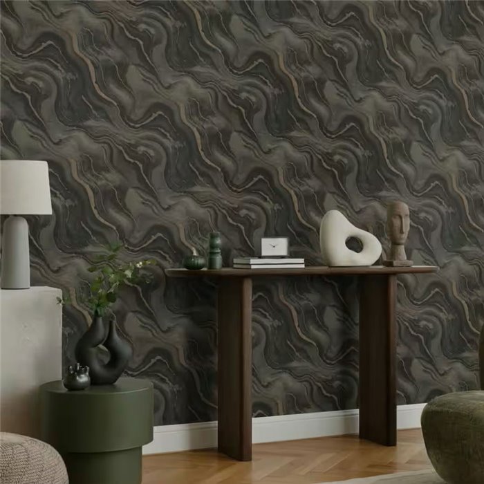 Dark Grey Liquid Marble Wallpaper with Gold Glitter · Rasch Factory VI 497663