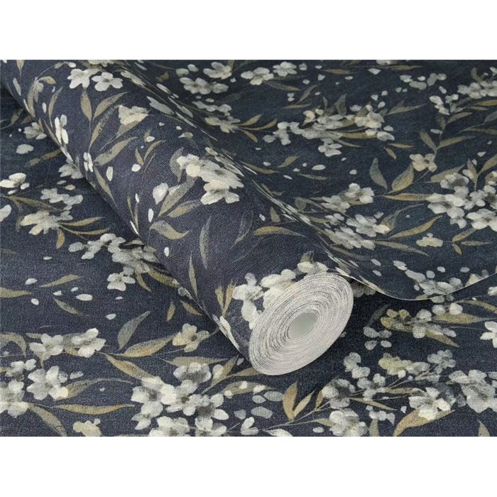 papel pintado japandi de flores de cerezo en azul oscuro · Rasch Noble Zen 435238
