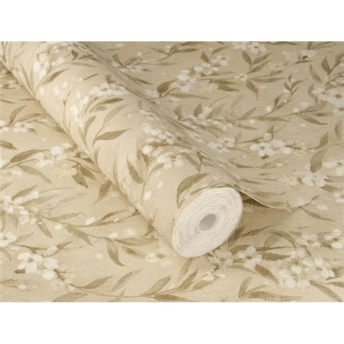 Papier peint japandi de branches et fleurs beige · Rasch Noble Zen 435252