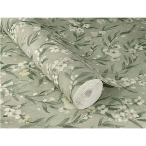 Papel pintado de flores y hojas de color verde grisáceo 2