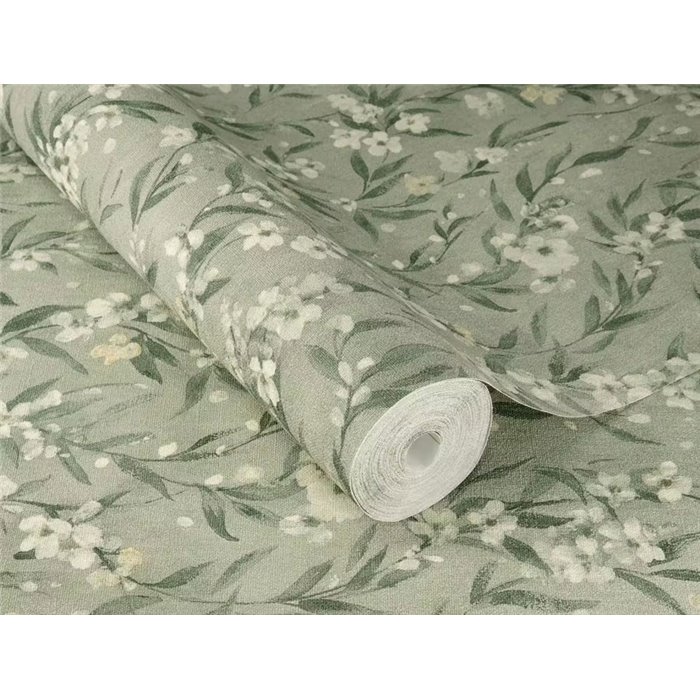 Papier peint de fleurs et feuilles de couleur gris-vert · Rasch Noble Zen 435269