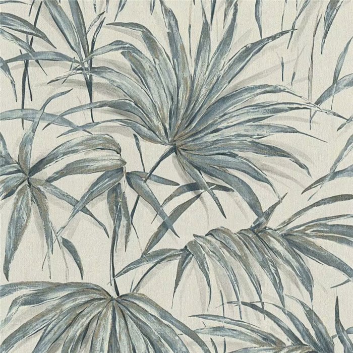 Tropical Palm Leaves Wallpaper In Greyish Blue Tones · Rasch Noble Zen 435337