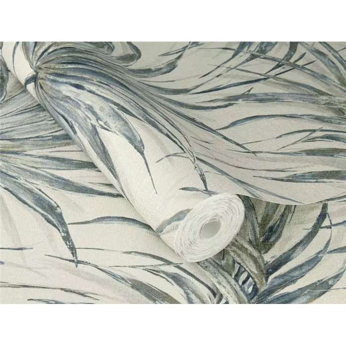 Tropical Palm Leaves Wallpaper In Greyish Blue Tones · Rasch Noble Zen 435337