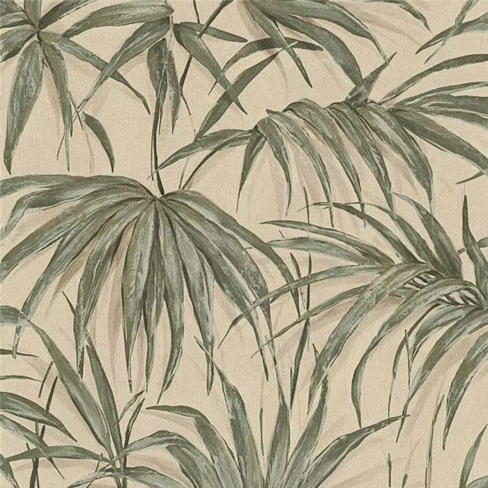 Papier peint tropical à feuilles vertes sur beige · Rasch Noble Zen 435344