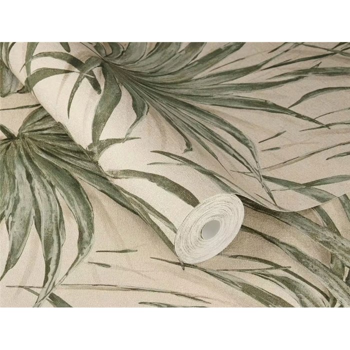 Papier peint tropical à feuilles vertes sur beige · Rasch Noble Zen 435344
