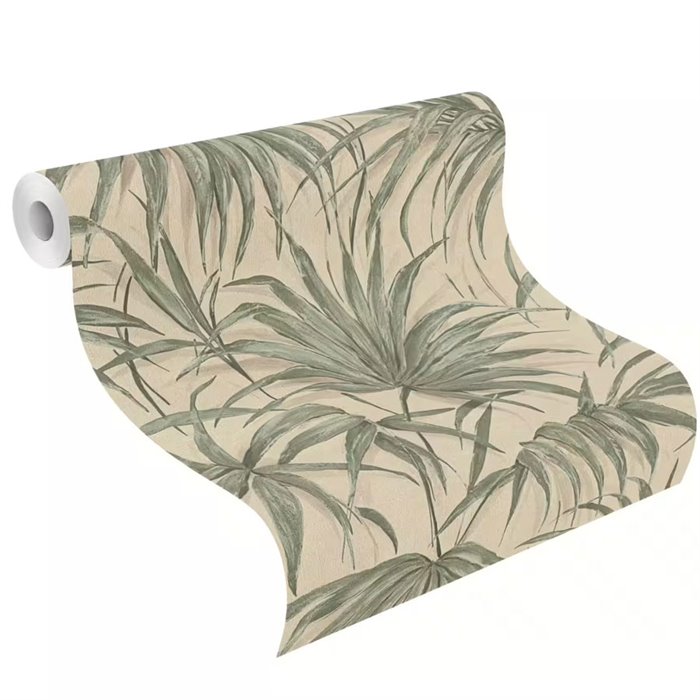Papel pintado tropical de hojas verdes sobre beige · Rasch Noble Zen 435344