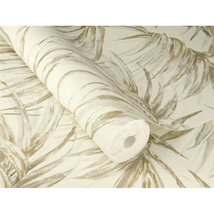 Papier peint tropical à feuilles de palmier en tons beige · Rasch Noble Zen 435351