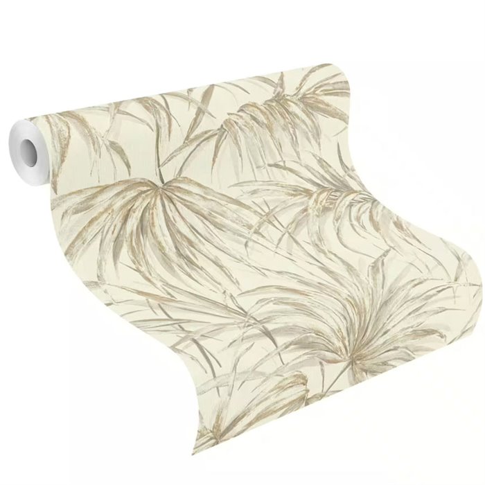 Papel pintado tropical de hojas de palmera en tonos beige · Rasch Noble Zen 435351