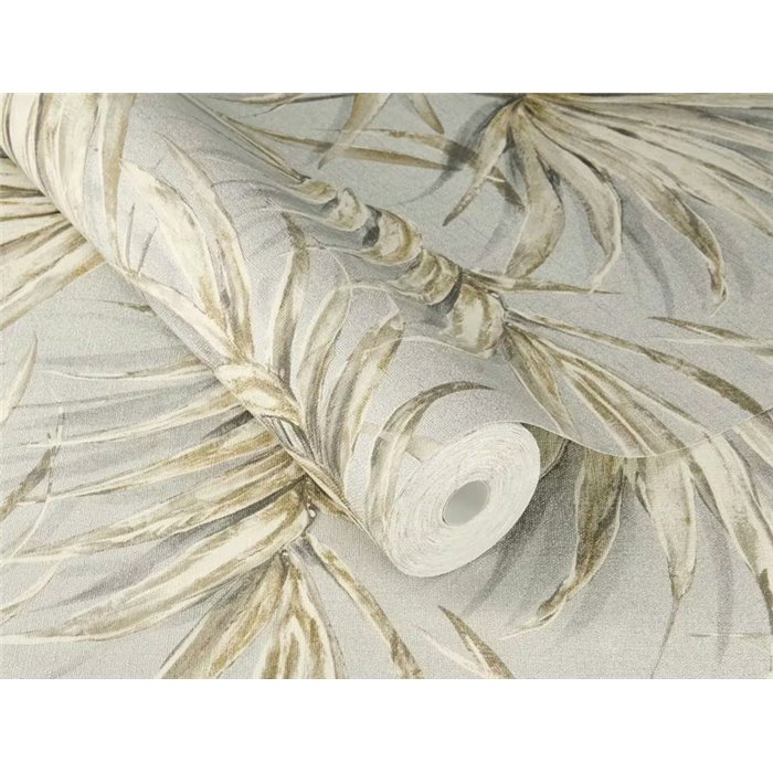 Papel pintado tropical de hojas de palma en gris · Rasch Noble Zen 435368