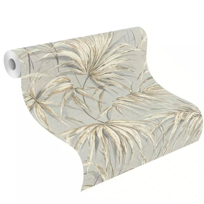 Papier peint tropical feuilles de palmier en gris · Rasch Noble Zen 435368