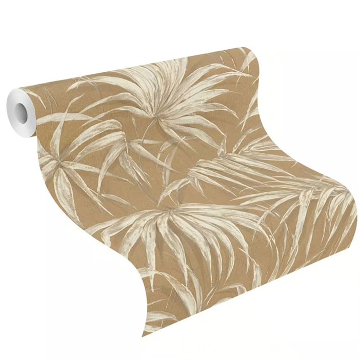 Papier peint japandi à feuilles brun doré · Rasch Noble Zen 435375