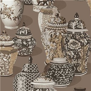 Papel pintado oriental de jarrones en tonos marrones