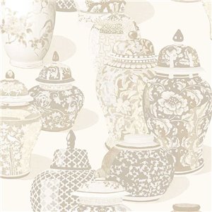 Oriental Vases And Floral Motifs Wallpaper In Light Beige Tones