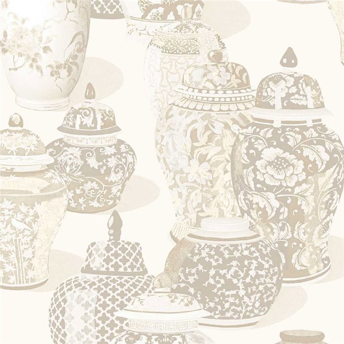 Oriental Vases And Floral Motifs Wallpaper In Light Beige Tones · Eijffinger Magnifique 351211