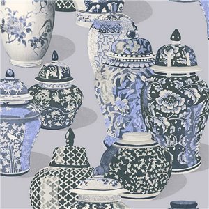 Wallpaper Oriental Vases And Floral Patterns Blue