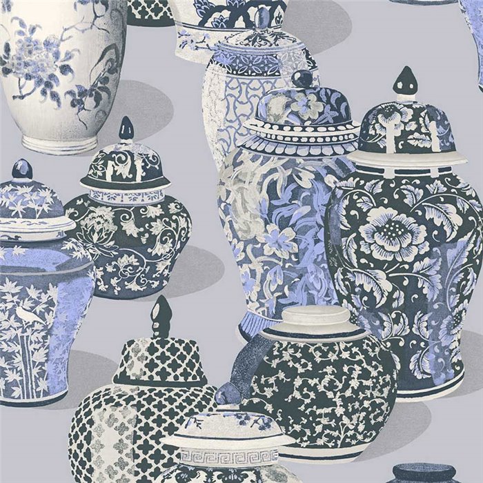 papel pintado oriental de jarrones y motivos florales azul · Eijffinger Magnifique 351212
