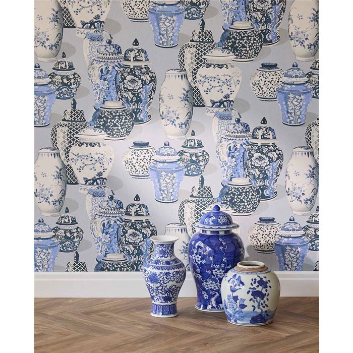 Wallpaper Oriental Vases And Floral Patterns Blue · Eijffinger Magnifique 351212