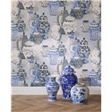 papel pintado oriental de jarrones y motivos florales azul · Eijffinger Magnifique 351212