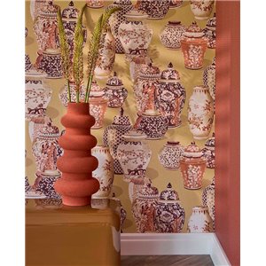 Papel pintado oriental de jarrones en tonos beige y marrón 2