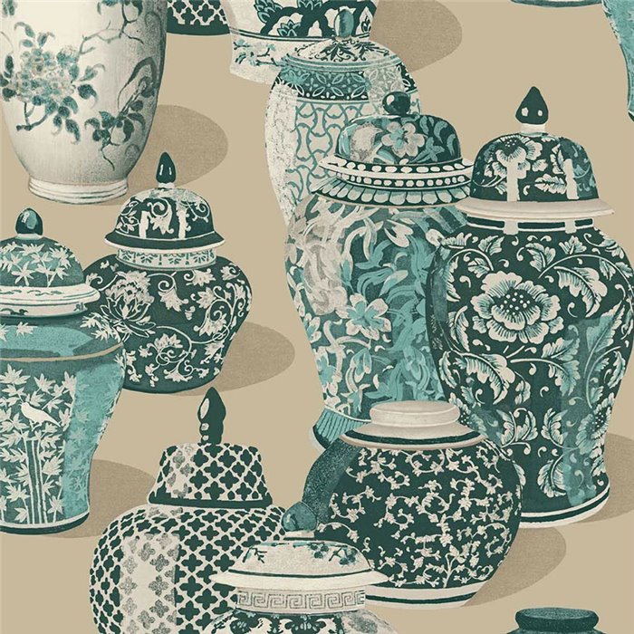 Papel pintado oriental de jarrones florales en tonos turquesa y beige · Eijffinger Magnifique 351215