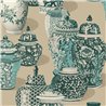 Papel pintado oriental de jarrones florales en tonos turquesa y beige