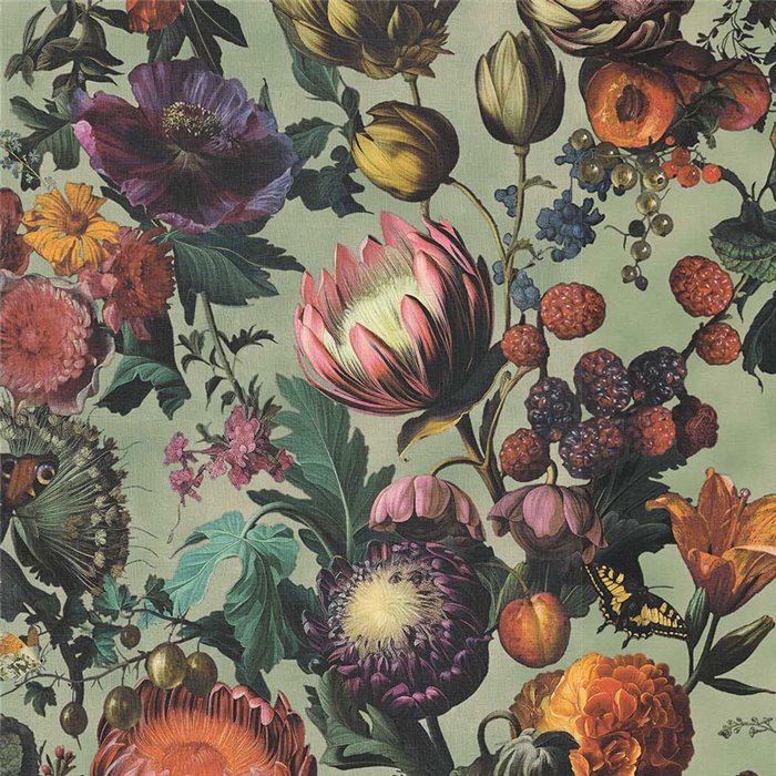 Botanical Wallpaper With Multicolor Flowers And Fruits On Green · Eijffinger Magnifique 351231