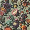 Papel pintado botánico de flores y frutos multicolor sobre verde