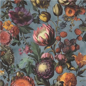 Papier peint contemporain à fleurs et fruits multicolores sur fond bleu
