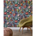 Papel pintado contemporáneo de flores y frutas multicolor sobre fondo azul · Eijffinger Magnifique 351232
