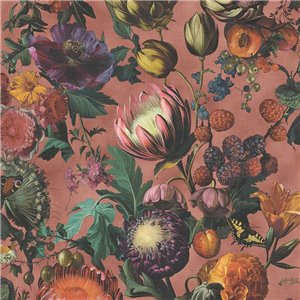 Wallpaper Classic Floral And Fruit Design In Reddish Tones
