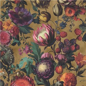 Papier peint baroque floral multicolore sur fond doré