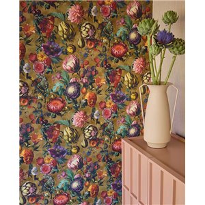 Papel pintado barroco floral multicolor sobre fondo dorado 2