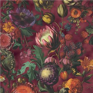 Tapete Botanische Blumen Und Früchte In Tiefrot