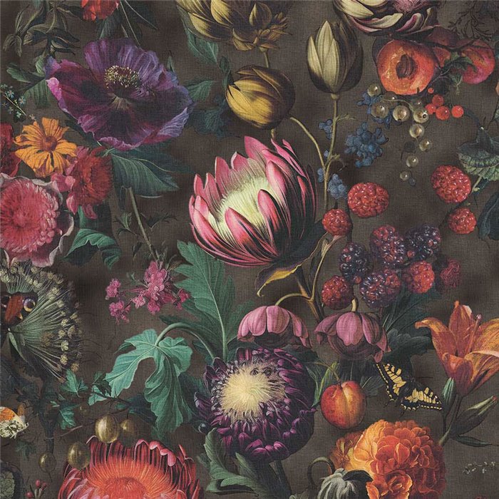 Papier peint baroque à fleurs et fruits multicolores sur fond sombre · Eijffinger Magnifique 351236