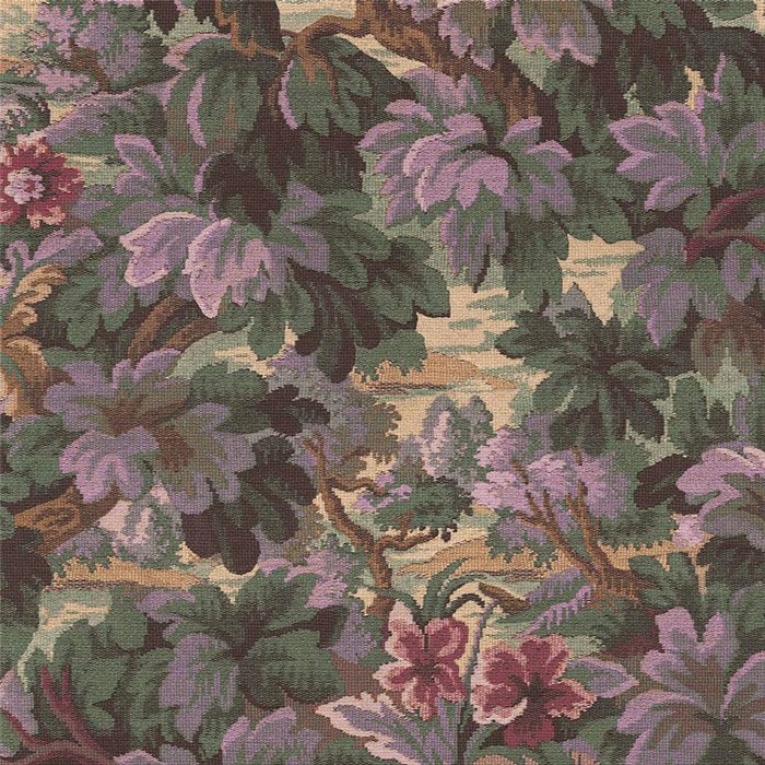 papel pintado romántico de hojas y flores en tonos verde y morado · Eijffinger Magnifique 351244