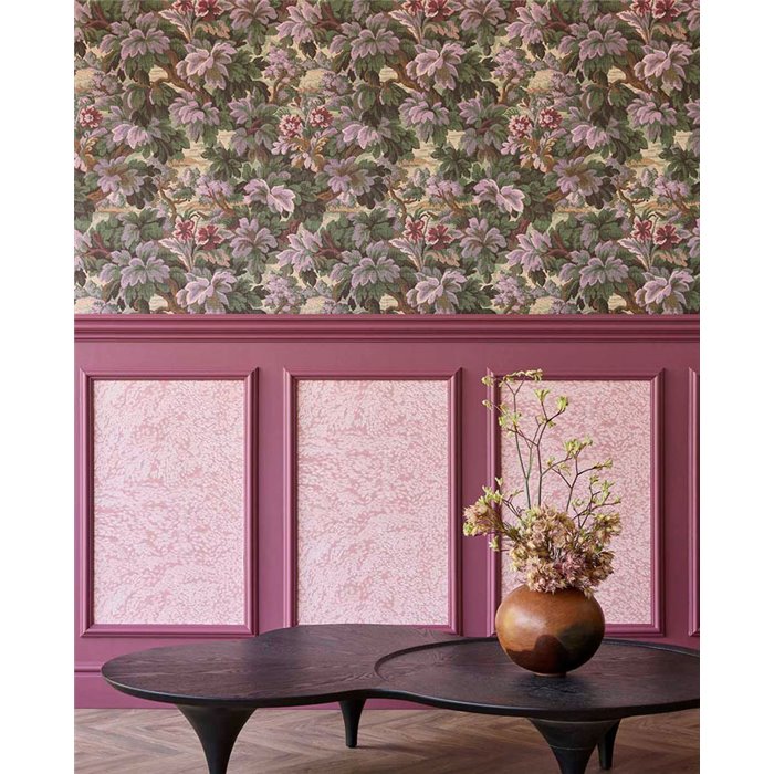 papel pintado romántico de hojas y flores en tonos verde y morado · Eijffinger Magnifique 351244