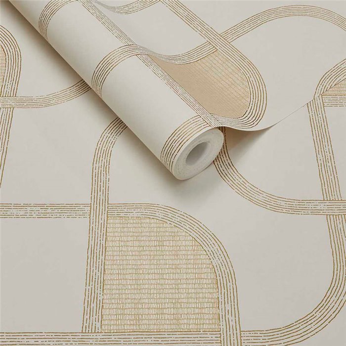 Papel pintado moderno geométrico de líneas entrelazadas blanco crema y dorado · Eijffinger Calm Crafted 363260