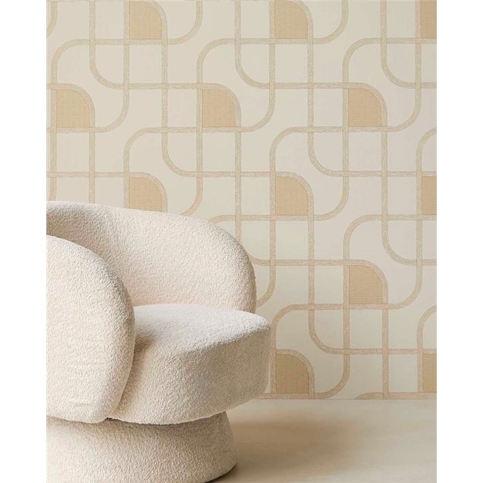 Papel pintado moderno geométrico de líneas entrelazadas blanco crema y dorado · Eijffinger Calm Crafted 363260