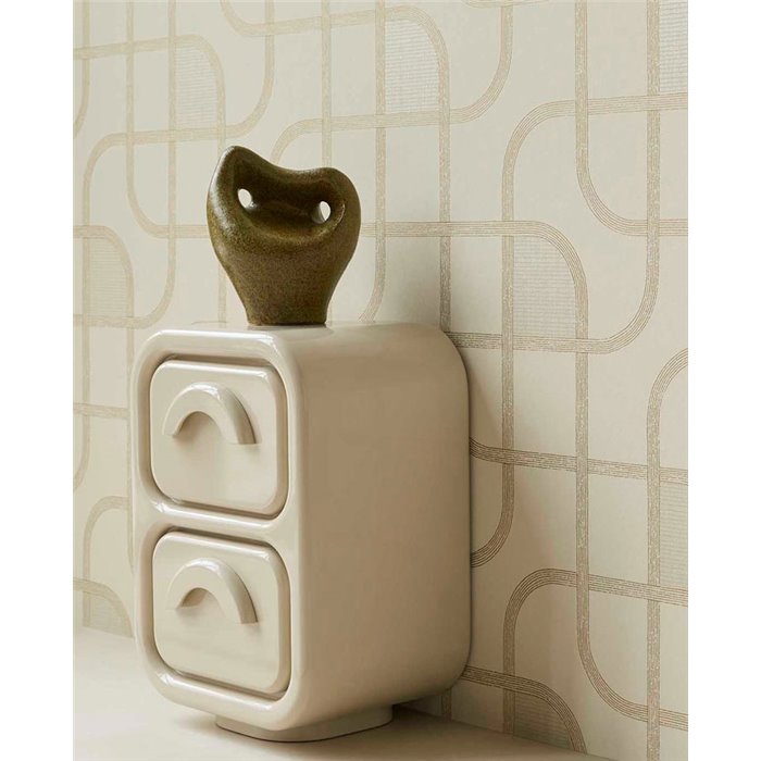 Papier peint moderne géométrique à courbes entrelacées blanc cassé et doré · Eijffinger Calm Crafted 363262