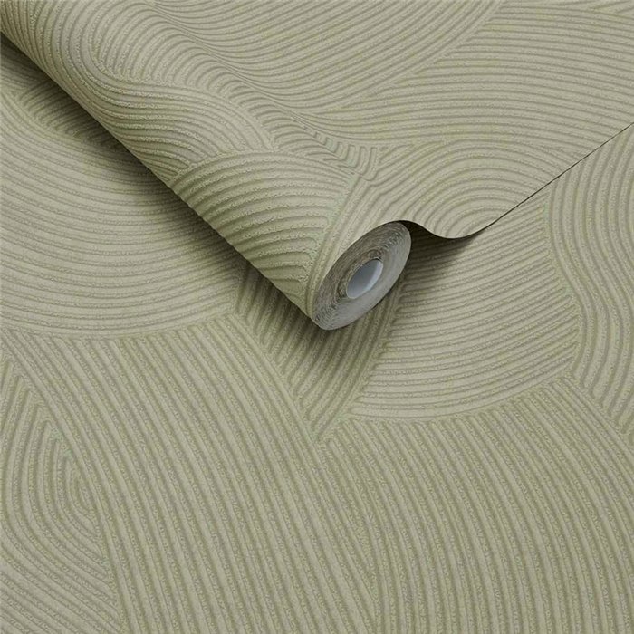 Papel pintado moderno geométrico de líneas curvas verde oliva · Eijffinger Calm Crafted 363270
