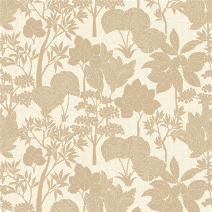 Wallpaper Botanical Leaves and Flowers Beige on Cream White · Casamance Tressora 76900406